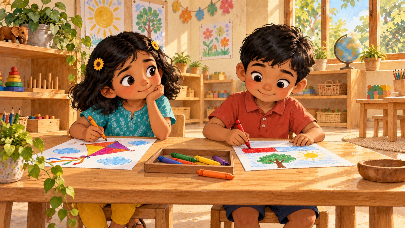 Painted illustration from Ira and the Red Crayon: two children colouring at a classroom table