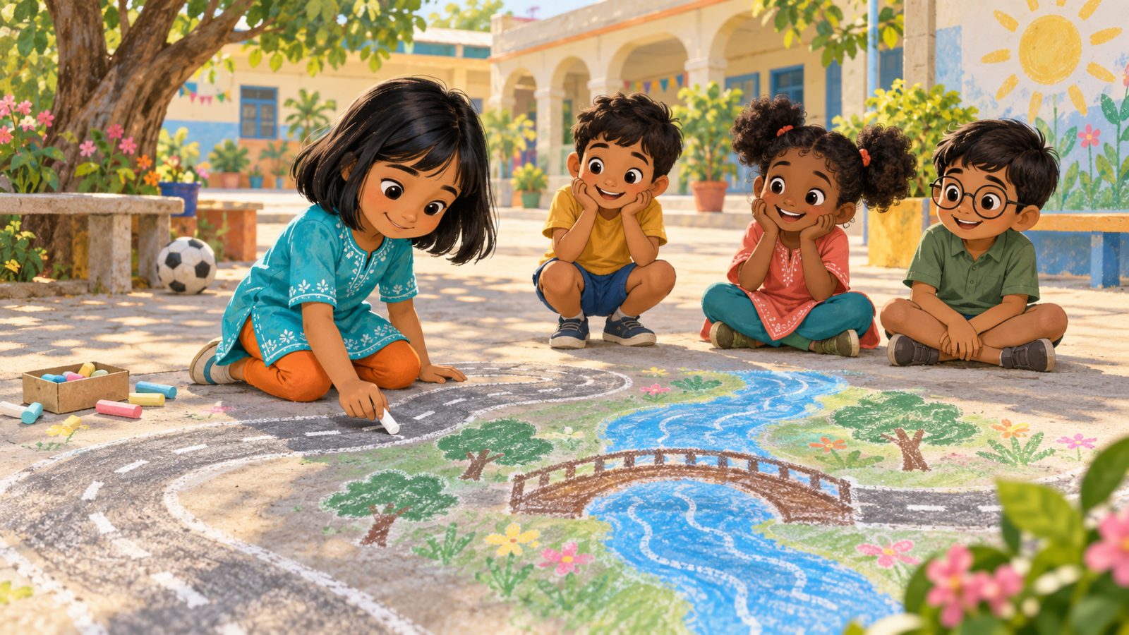 Painted illustration: Nila kneels in the school courtyard drawing a chalk road, river and bridge while three friends watch, smiling